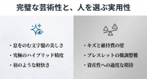 雪白の文字盤の美しさや精度などのメリットと、キズや維持費などの実用面でのデメリット一覧