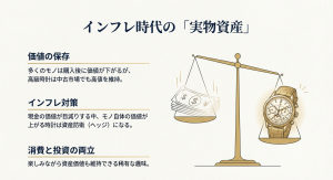 インフレ時代において現金の価値減少に対し、資産価値を保つ高級時計の天秤イメージ