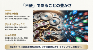 永続的な価値を持つ機械式時計の歯車と、消費されるデジタル情報の対比