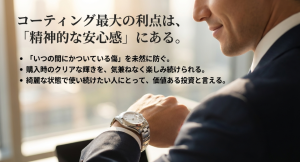 「いつの間にかつく傷」を防ぎ、購入時の輝きを楽しむことで得られる精神的な安心感を強調したスライド。