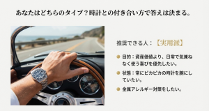 運転席でロレックスを着用している男性の手元。資産価値よりも日常で気兼ねなく使う喜びを優先する「実用派」におすすめであることを示す図。