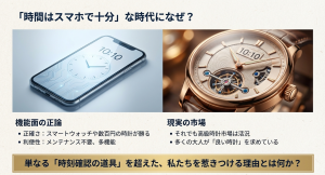 スマートフォンの時刻表示と機械式時計の複雑な機構の対比画像