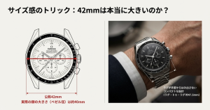 スピードマスタープロフェッショナルのラグ・トゥ・ラグは約47.5mmで、手首に収まりやすい設計図解