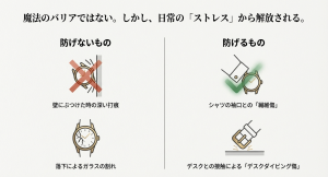 時計の傷防止効果の比較図。壁への衝突や落下によるガラス割れは「×（防げない）」、シャツの袖口やデスクとの摩擦傷は「✓（防げる）」と図解したイラスト。