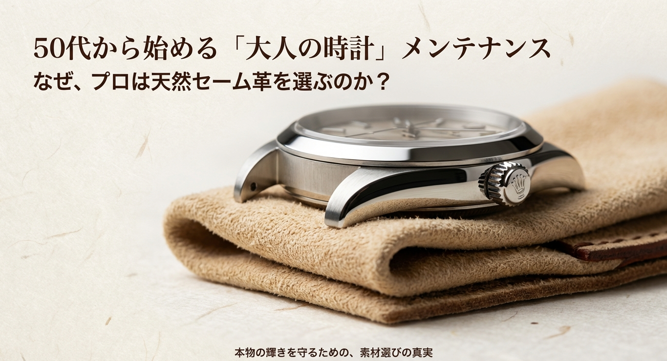 50代から始める「大人の時計」メンテナンス。なぜプロは天然セーム革を選ぶのか、本物の輝きを守る素材選びの真実について解説した記事のアイキャッチ画像