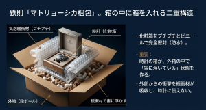 外箱の中で時計の箱を緩衝材で宙に浮かせる「マトリョーシカ梱包」の断面図解