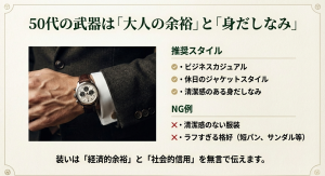 50代の正規店訪問にふさわしいビジネスカジュアルやジャケットスタイルと、NGな服装例（短パン、サンダル等）の比較。