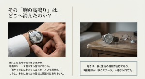 手首の高級時計を見つめる男性と、テーブルに置かれた時計。購入当時の興奮が薄れている様子。
