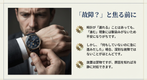 腕時計の時刻を確認して時間が進んでいることに気づき、故障ではないかと不安な表情をする男性
