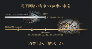 10年で寿命を迎える電子回路とメンテナンスで永遠に使える機械式時計の比較図