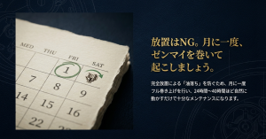 カレンダーのイラストとともに、月に一度フル巻き上げを行い、24〜40時間動かすことで油落ちを防ぐメンテナンス方法を解説した画像。