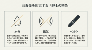 レベルソを長持ちさせるための日常ケア。水分への配慮、スマートフォンから5cm以上離す磁気対策、ベルト交換の楽しみ方について。