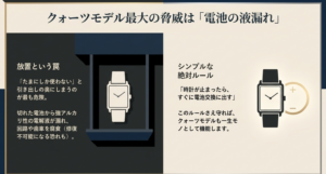 クォーツ時計の電池液漏れによる腐食リスクと、時計が止まったらすぐに電池交換を行うべきという絶対ルールの解説。