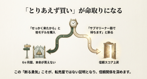 とりあえず買いによる6ヶ月間のペナルティリスクと、サブマリーナ一筋で待つことで得られる信頼スコアの上昇比較図。