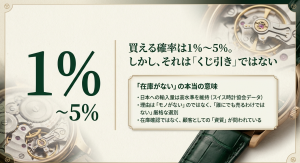 ロレックスの購入確率は1%から5%。「在庫がない」の本当の意味は、モノがないのではなく厳格な顧客選別が行われていることを示すスライド。