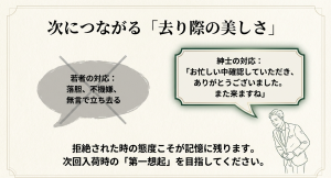 在庫確認後の紳士的な対応例。感謝を伝えてスマートに立ち去ることで、店員の記憶に残り次回の案内につなげるテクニック。