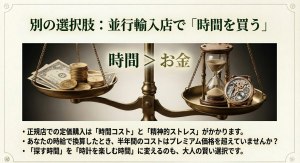 時間とお金の天秤。正規店でのマラソンにかかる時間コストと精神的ストレスを考慮し、並行輸入店で時間を買う選択肢の提案。