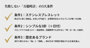ステンレスブレス、シンプルな3針、歴史あるブランドという時計選びの必須スペック