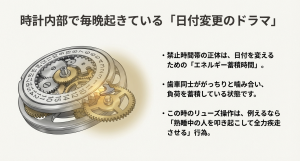 日付変更時の内部機構とエネルギー蓄積 機械式時計の内部で日付ディスクと送り爪が噛み合い、エネルギーを蓄積している様子を説明する図解。