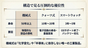 機械式・クォーツ・スマートウォッチの寿命と故障要因の比較一覧表