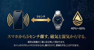 スマートフォンと時計の距離を5センチ離すことで、磁気の影響が二乗に反比例して弱まることを説明した図。