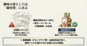 5本所有時の高額なオーバーホール費用と、1本所有時の安定したメンテナンスコストの比較