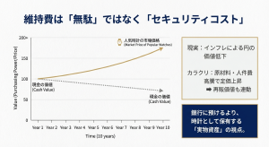 10年間で現金の価値が下がる一方、人気時計の市場価格が上昇する実物資産の視点を示すグラフ。