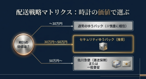 時計の価格（30万未満、30〜50万、50万以上）に応じた最適な配送方法を示すフローチャート