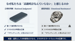 高級時計が不要と感じる理由として、維持費やスマホの正確性、マウンティングのリスクを挙げた比較画像。