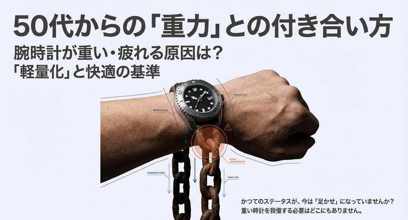 重いダイバーズウォッチのスペックと首・肩・腕への負担ポイントを示す図解