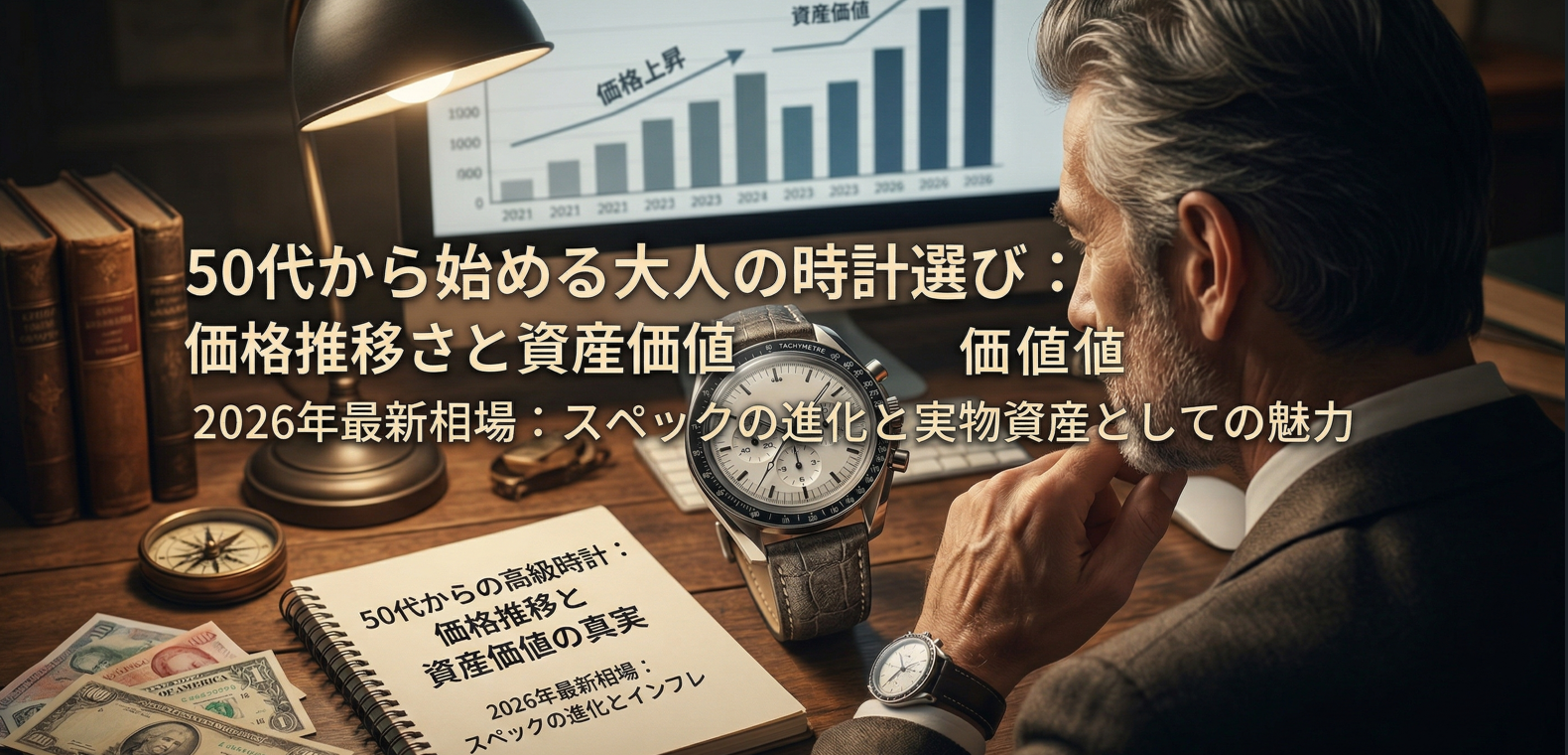 「50代男性のJinnが、書斎でレオパード柄のストラップとコニャック宝石がセットされたロゴなしの高級クロノグラフ腕時計を着用。腕にはゴールドと天然石のブレスレット、リングが重ね付けされている。」