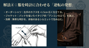 時計着用側のカフスを1.5cm広く仕立てるオーダーシャツのテクニック図解。