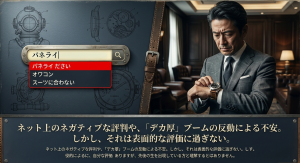 ネット検索で「パネライ ださい」「オワコン」と表示される現状と、それが表面的な評価であることを示す図解。