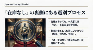 「在庫なし」の裏側で行われているロレックス正規店員による転売対策と顧客選別のイメージ