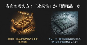 時計の寿命:永続的な修理か、電子部品の寿命か 修理して使い続ける木造船(機械式)と、寿命がある電子回路チップ(クォーツ)の対比イラスト