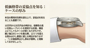 低価格帯の妥協点を知る：ケースの厚み。10万円から20万円台の時計はケースが厚くなりがちである点