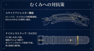 スライドアジャスター機能とNATOストラップによるむくみへの対抗策