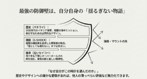 パネライの歴史、G-SHOCKの機能、古いセイコーの継承といった時計の物語が、価格やマウントの矢を防ぐ盾となることを示す図解