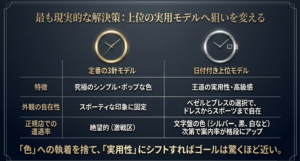 正規店での遭遇率が絶望的なオイスターパーペチュアルから、外観の自在性があり案内率が上がる上位の実用モデルであるデイトジャストへ狙いを変える提案