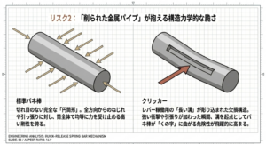 リスク2：削られた金属パイプが抱える構造力学的な脆さと標準バネ棒との比較